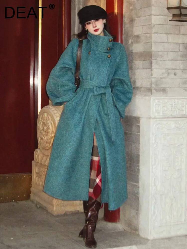 DEAT フレンチスタイルルーズレースブルー両面カシミヤコート女性の秋と冬の新しいカシミヤコート