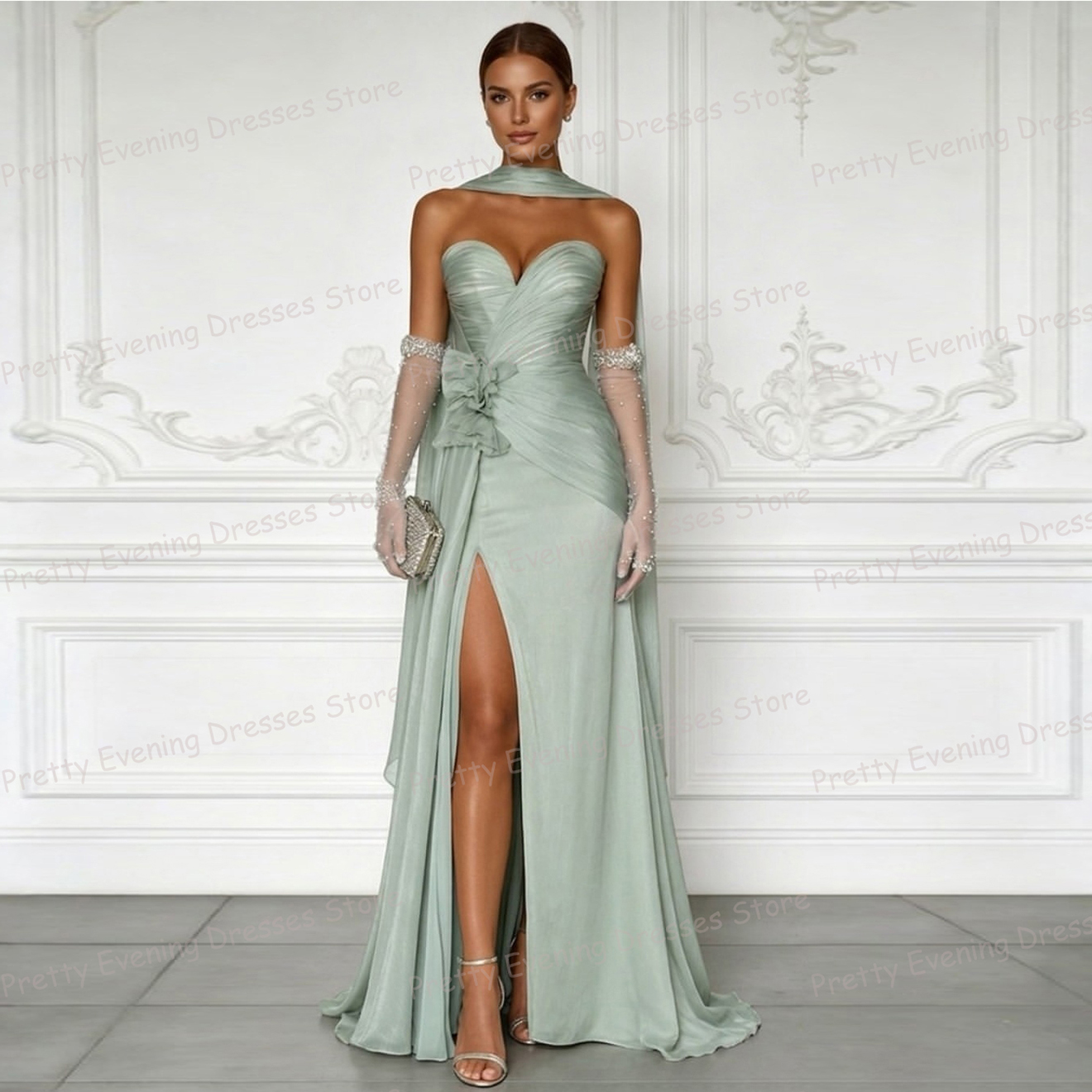 Simple Fashion Ruffles Evening Dresses Sleeveless Mermaid Sweetheart Women Prom Party Gowns Split Vestidos De Novia شارون سعيد