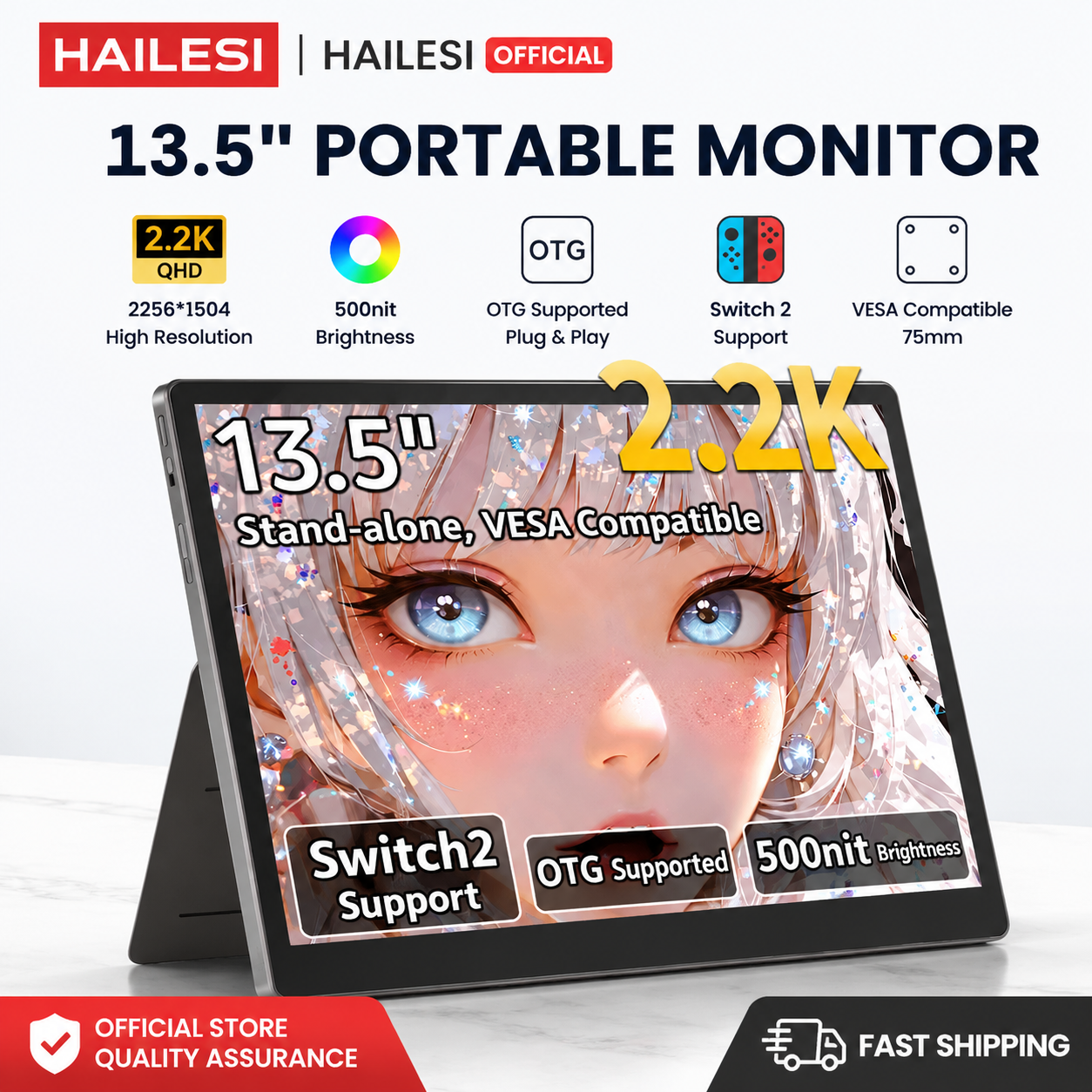 HAILESI S135 ポータブルモニター Switch/Switch 2 ラップトップ 13.5 インチ 2.2K 2256x1504P トラベルミニモニター IPS ディスプレイ 100% sRGB