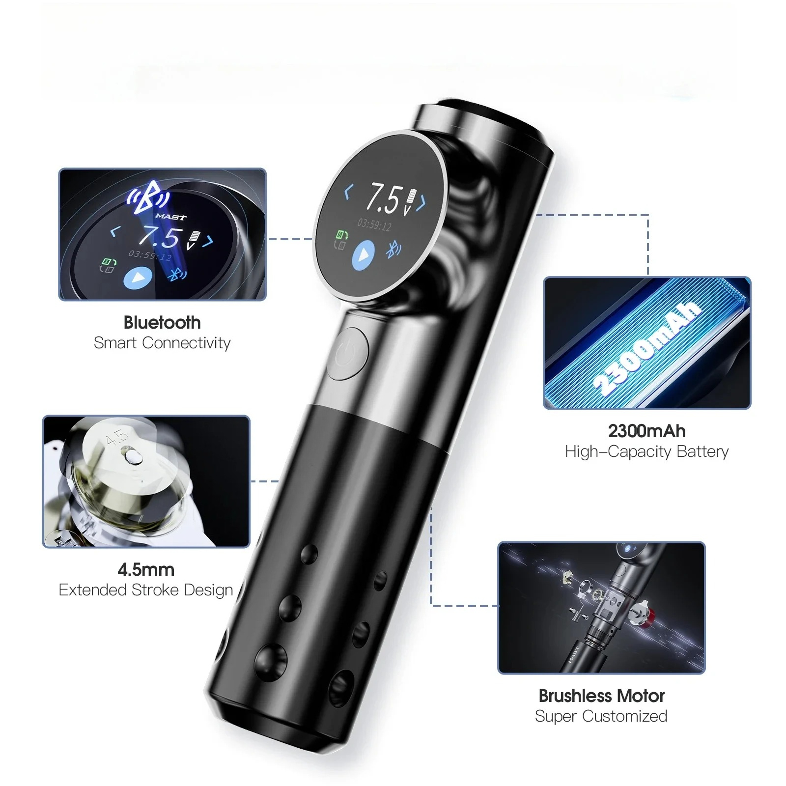 タトゥーウルトラコードレスタトゥーマシン 4.5mm ストローク スマートコントロール 2300mAh バッテリー 超静音 Mcore モーター アーティスト用