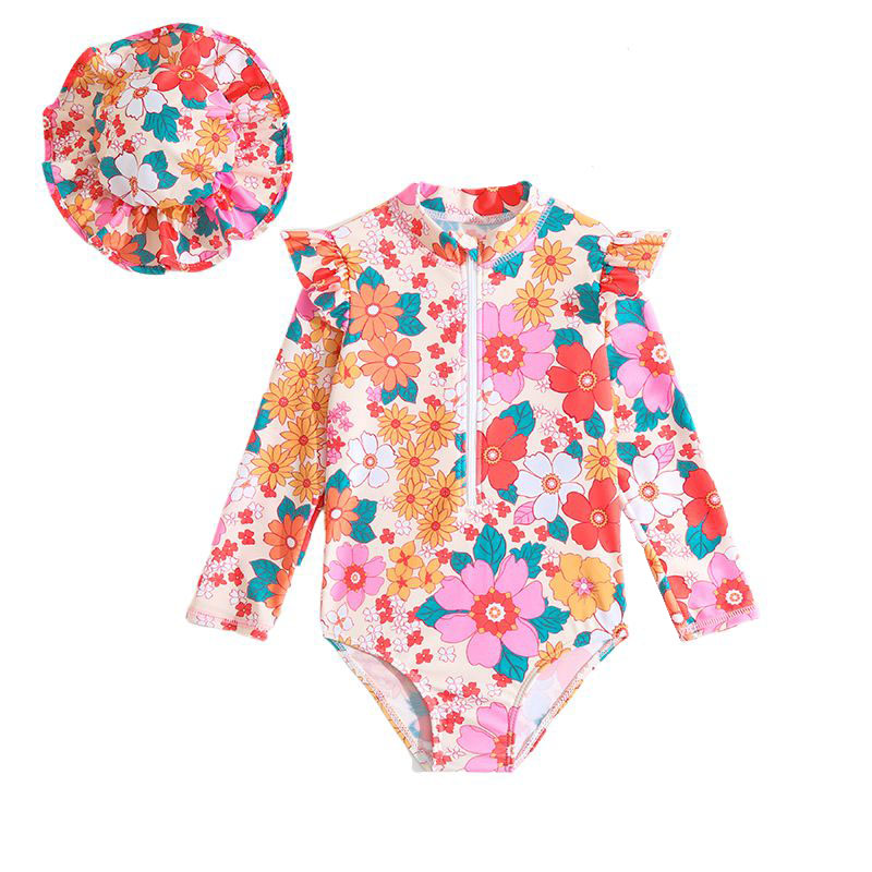 女の子用水着花柄ベビーガール水着ワンピースキャップ付き幼児幼児水着キッズサマービーチUV服