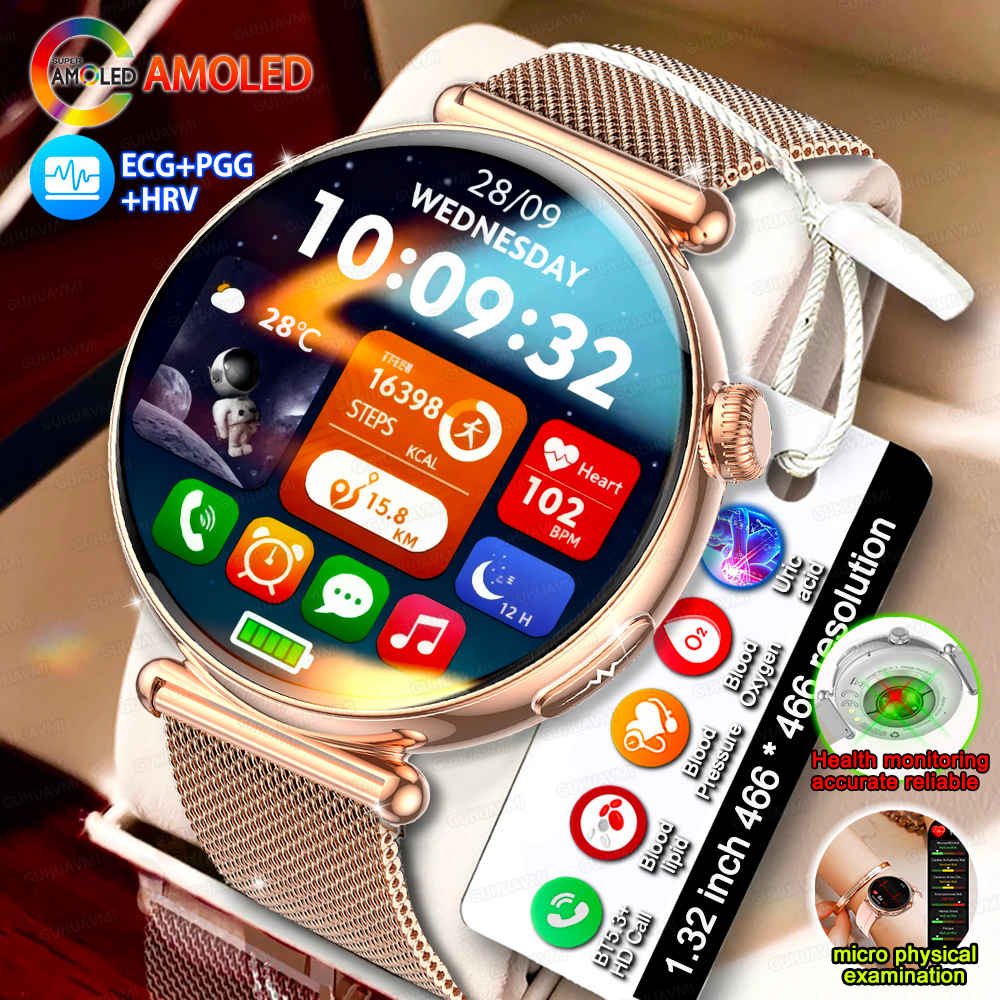 AI ダイヤル女性スマートウォッチ AMOLED 常時表示時間 ECG 尿酸 SPO2 BP 心臓健康分析 HDCall スポーツ スマートウォッチ レディース