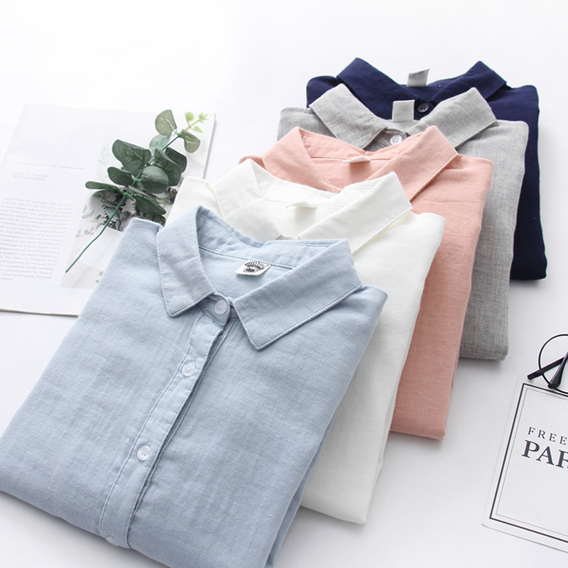 女性ブラウス新ファッション長袖快適なオフィスシャツ綿糸カジュアルトップス Blusas Femininas 無地