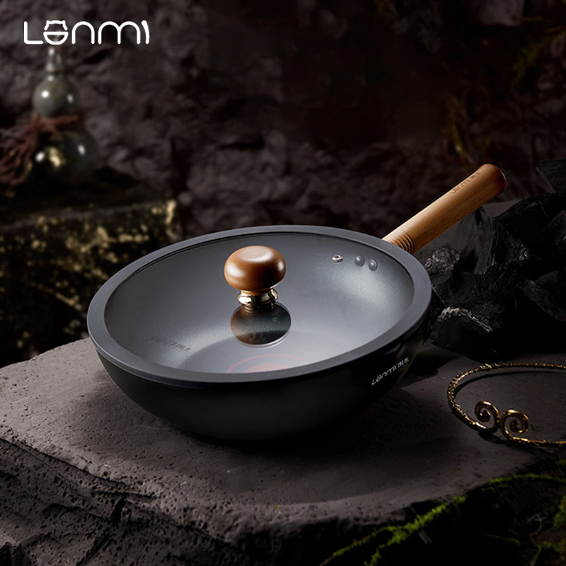 LANMI ノンスティック中華鍋木製ハンドル付きフライパンチタンクリスタル低油煙大容量