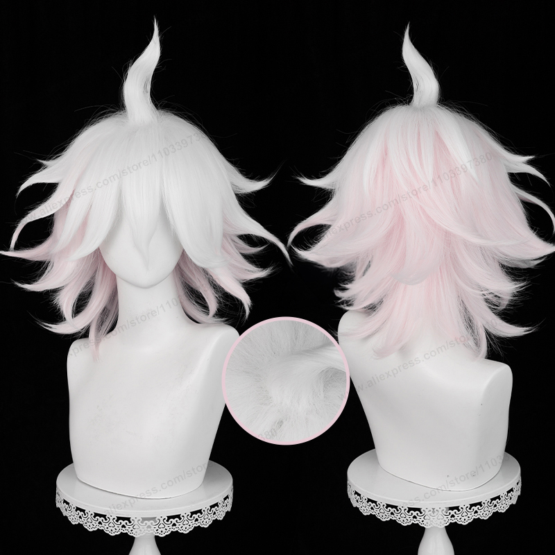 狛枝凪斗コスプレウィッグ 37 センチメートルショートピンクホワイトグラデーションヘアアニメコスプレ耐熱合成かつら