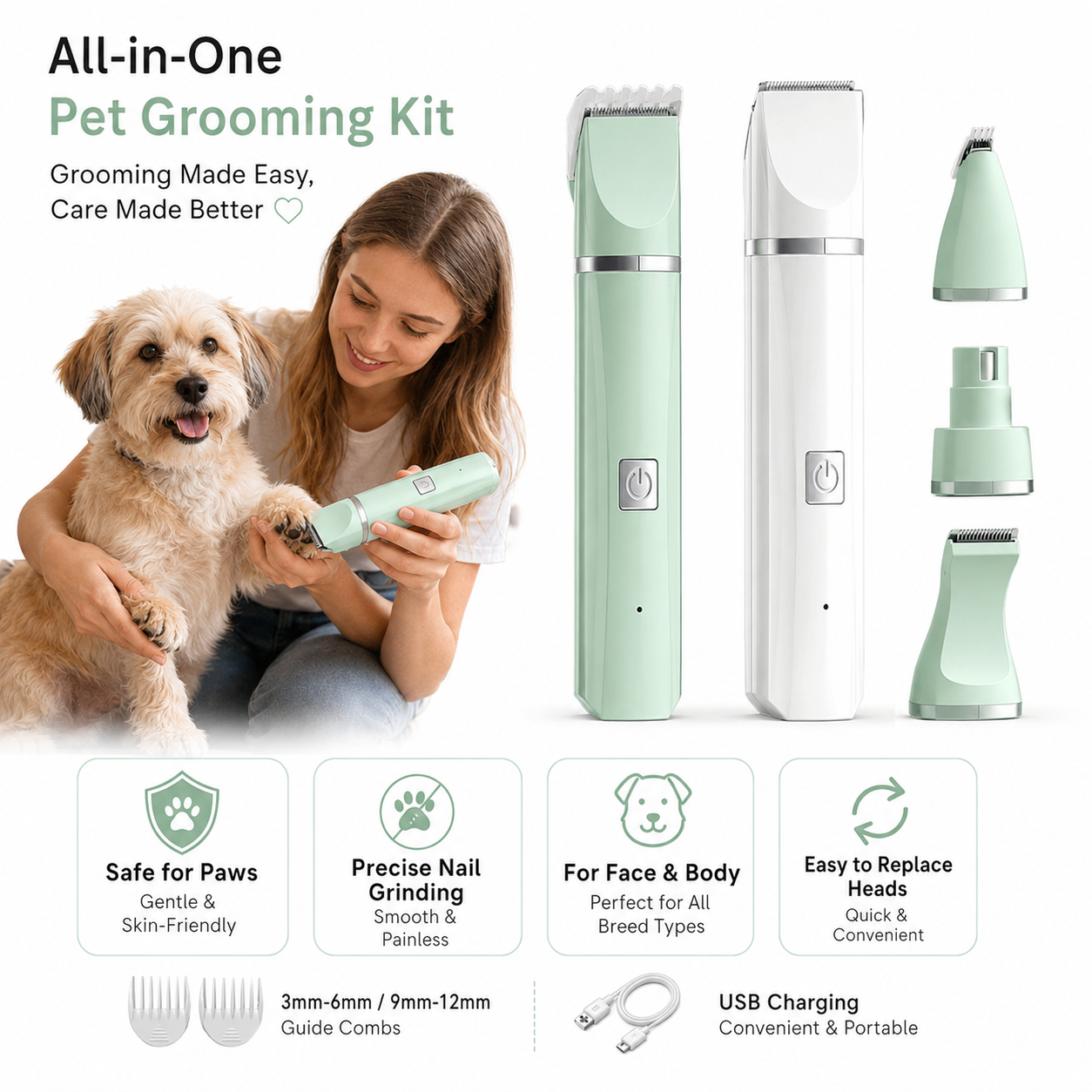 4 in 1 ペットクリッパー 猫 犬用 電気かみそり 充電式セラミック刃 低ノイズ 静かなグルーミングキット USB充電