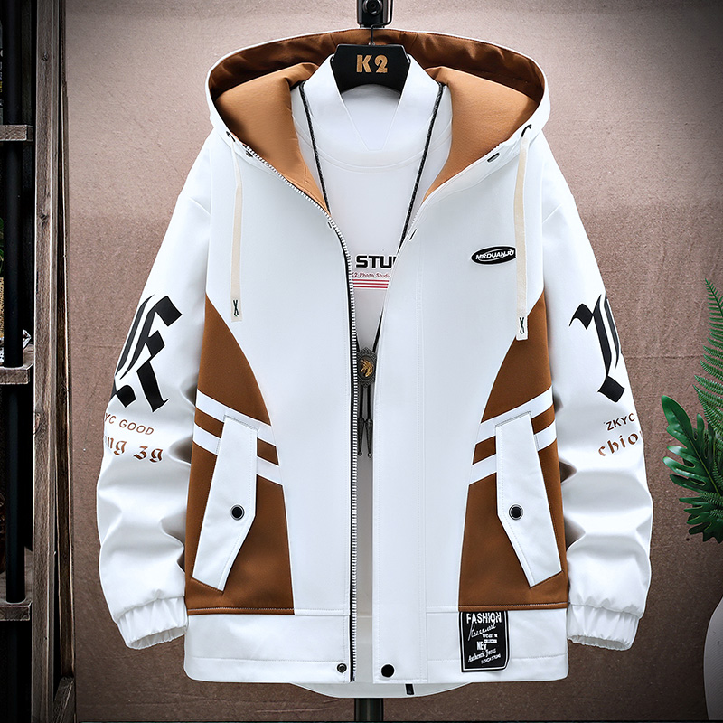 メンズカジュアルフード付きジャケット秋パッチワーク薄いコート生き抜くトップウインドブレーカーストリート服プラスサイズ