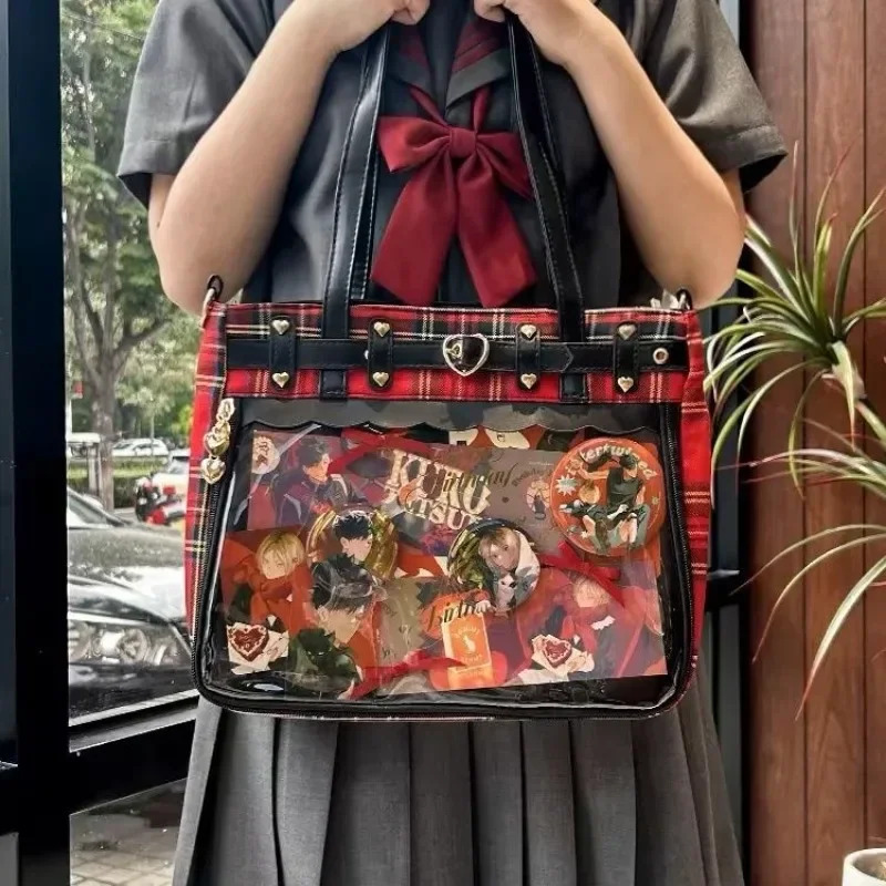 女性ファッション市松模様レトロ Ita バッグかわいい女の子透明大容量トートバッグ DIY ディスプレイハンドバッグ新しいショルダーバッグ