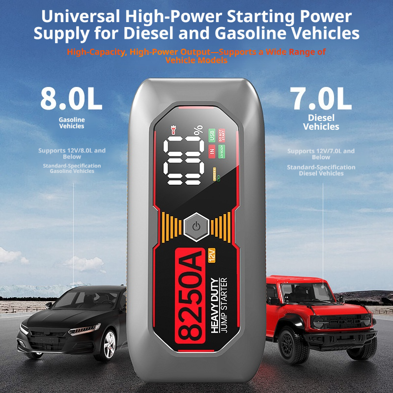 車用ジャンプスターター ポータブルパワーバンクバッテリー充電器 8.0L ガス / 7.0L ディーゼル車用 スマートクランプ LCD ディスプレイ。