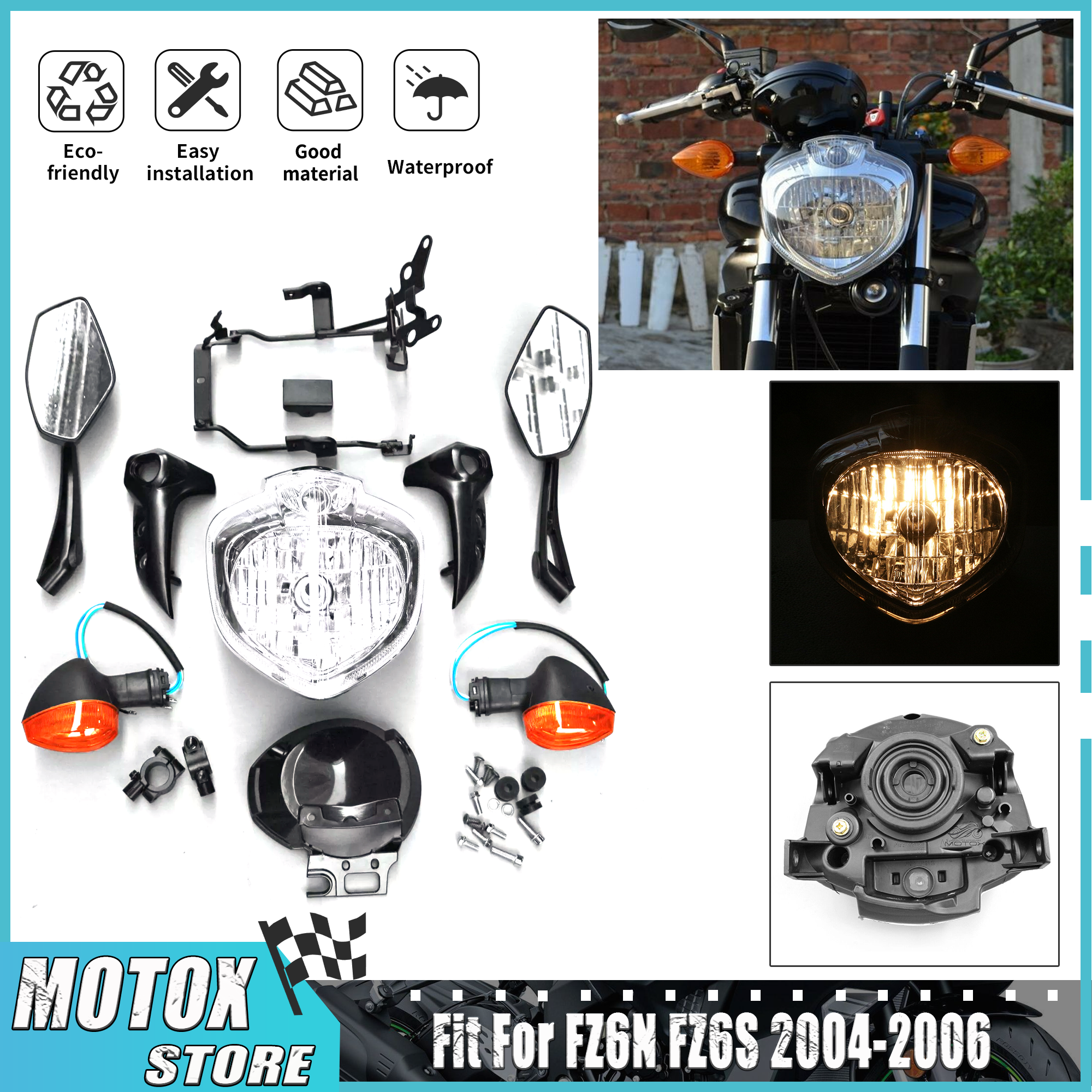 ヤマハ 2004 2005 2006 FZ6 FZ6S FZ6N オートバイヘッドライトセットヘッドライトアセンブリターンシグナルミラーに適合