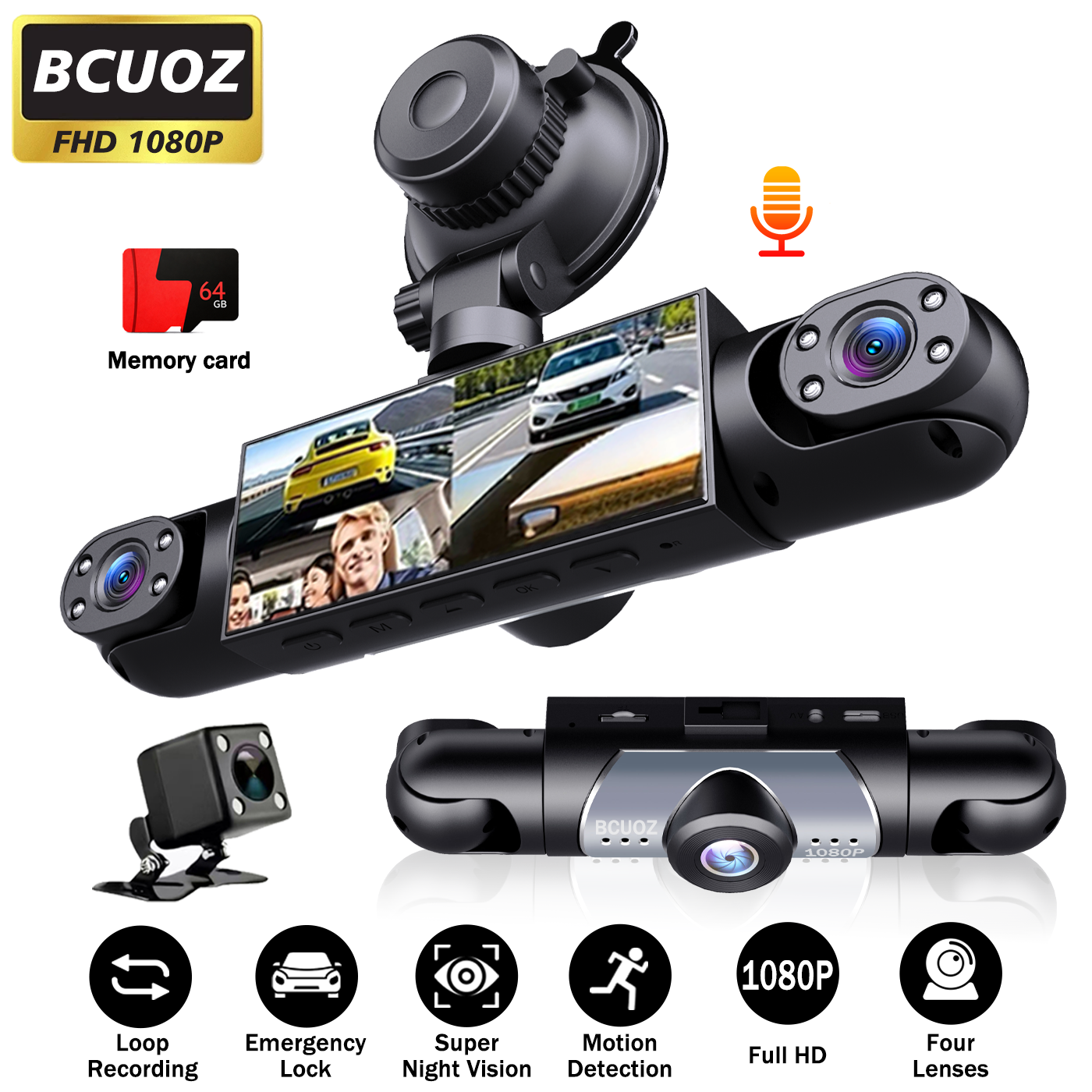 BCUOZ 4レンズ360°ドライブレコーダー、1080Pフロント720P内蔵リア左右カーカメラ、スーパーナイトビジョン、ループ録画、Gセンサー、WDR、12-24Vカープラグ電源、オプションの64GBメモリカード。