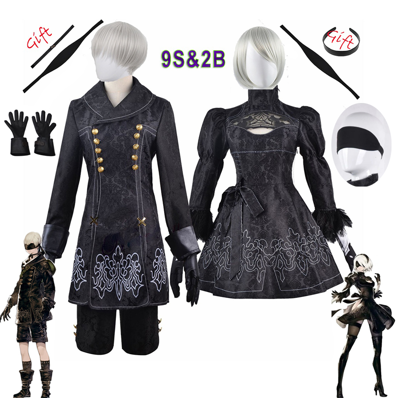 アニメニーアオートマトンコスプレ 9S ヨルハ 2B コスプレスーツ男性女性衣装かつら変装衣装プラスサイズファンシーパーティー黒ドレス