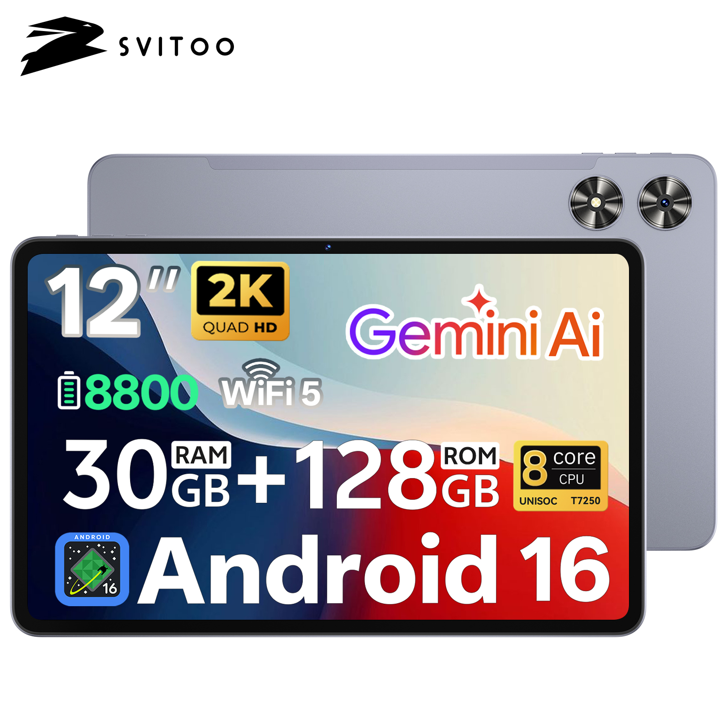 SVITOO タブレット 2026 Android 16 12 インチ 2000 x 1200 2K ディスプレイ IPS 大画面 Unisoc T7250 オクタコア プロセッサ 6GB 物理 RAM 24GB 仮想 RAM 128GB ROM 1TB 拡張可能 8800mAh バッテリー 2.4GHz 5GHz
