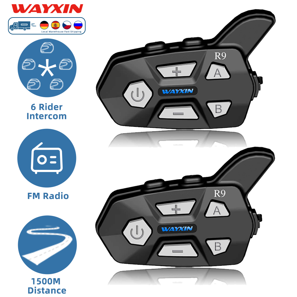 WAYXIN R9 オートバイインターホンヘルメットヘッドセット 6 ライダー、BT5.0 通信インターホン、Intercomunicador Moto、防水 FM ラジオ