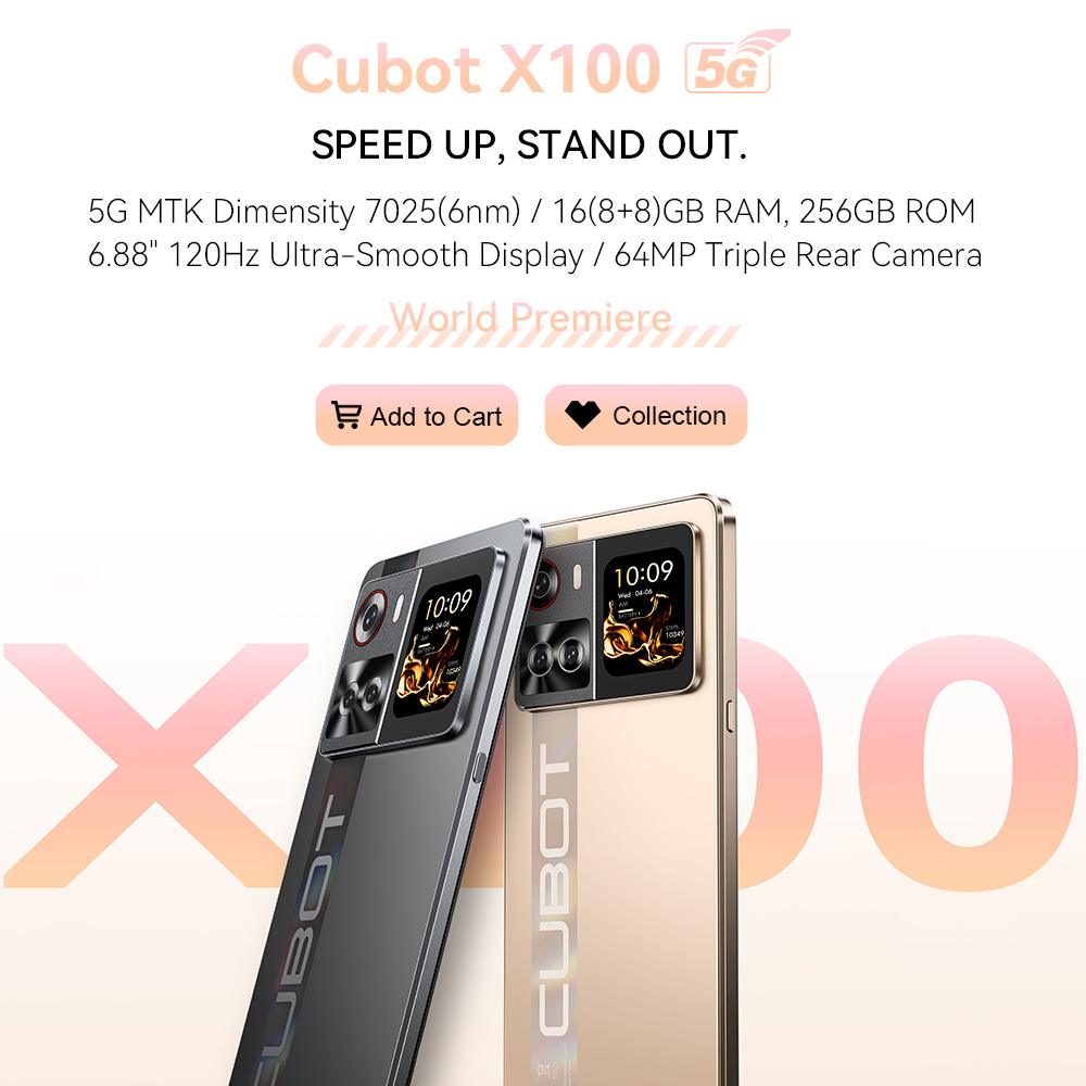 6.88 インチ Android スマートフォン 5G Cubot X100、Dimensity 7025、6nm、2.5GHz、16GB(8 8)、256GB、64MP カメラ、5100mAh バッテリー、NFC