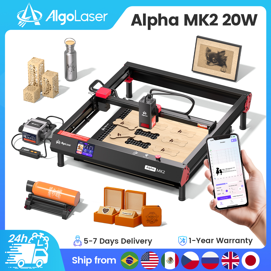 AlgoLaser Alpha MK2 レーザー彫刻機 20W 強力なビジネス用レーザー彫刻カッター マシン、3.5 インチ タッチ スクリーン オフライン制御