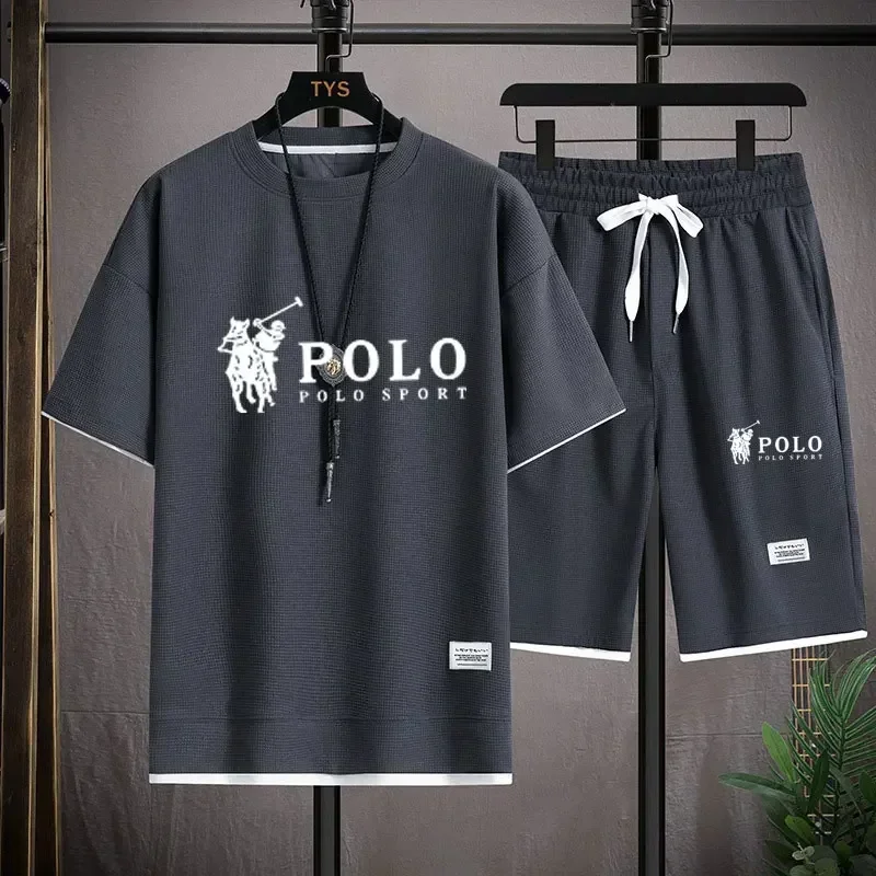 メンズ ツーピース半袖 T シャツとスポーツ ショーツ夏のファッション通気性カジュアル ワッフル セット