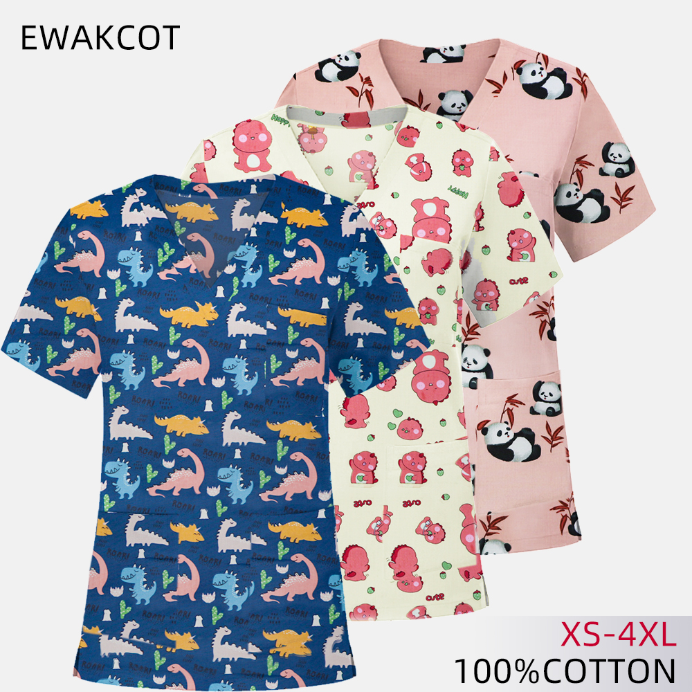 New Surgicals Uniform Pattern dinosaur Printing Casual V-Neck Nurse Short-Sleeved 3 Pockets Women and Men Dental Medical Tops