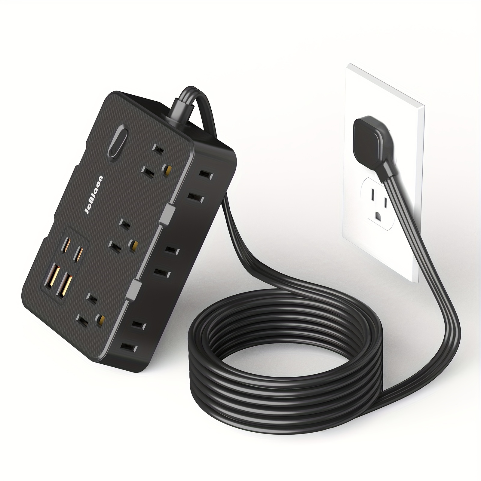 超薄型フラットプラグ延長コード、USB ポート 4 個 (USB C 2 個)、5 フィートのサージプロテクター電源タップ、6 つの幅広いコンセントエクステンダー付き