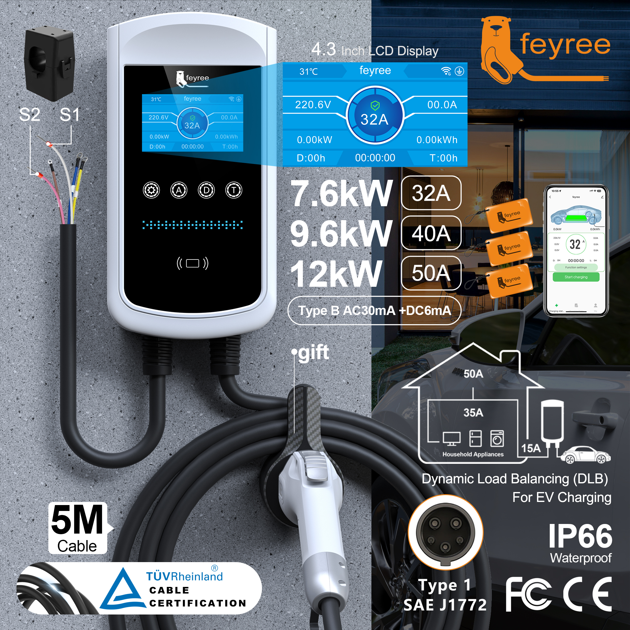Feyree Type1 32A 7.6kW EVSE ウォールボックス 4.3 インチ スクリーン ダイナミック ロード バランシング 40A 9.6kW 50A 12kW EV 充電器 充電付きスマート APP