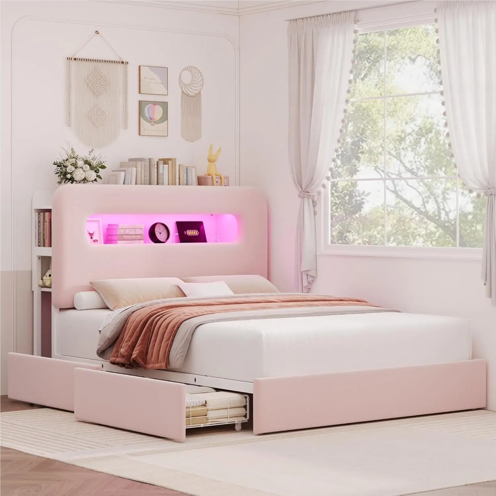 クイーン LED ベッドフレーム、収納ヘッドボードと充電ステーション付き、女の子用ベッドフレーム、引き出し 2 つと USB ポート付き、ピンク