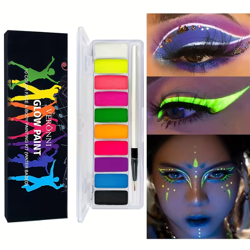 VERONNI 10 色ネオン UV グローフェイスボディペイント水性ハロウィンメイクアップパレットブラシ付きパーティーコスプレフェスティバル
