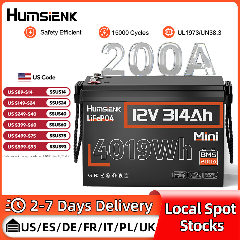 Humsienk 12V 314Ah LiFePO4 バッテリー 200A BMS 15000 サイクル低温保護 RV/オフグリッド/家庭用保管庫/マリン/キャンプ用