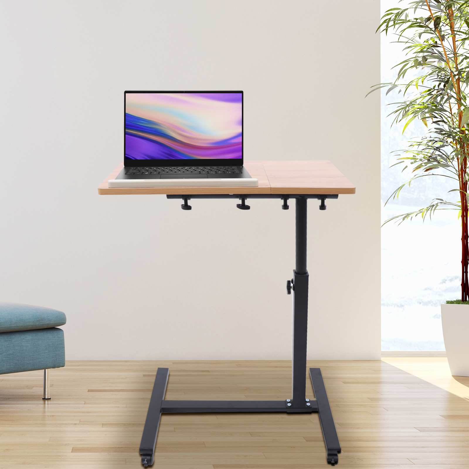 ラップトップデスク、ローリングスタディテーブルコンピュータワークステーション、4輪付き、360°回転テーブルトップ、58-90cm高さ調節可能