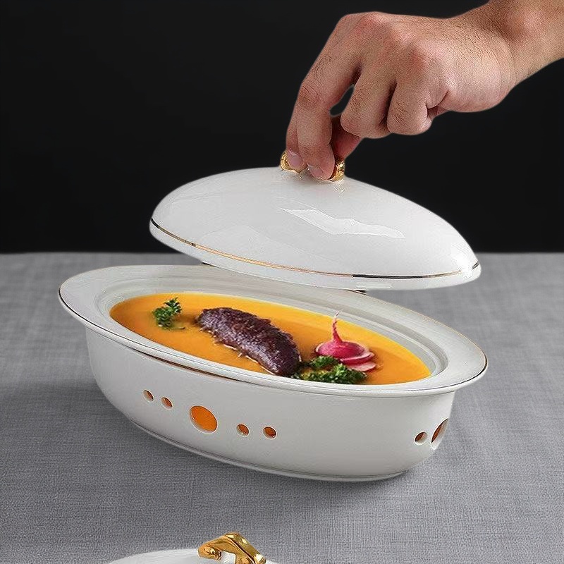 白陶ステーキ・洋食器 高級二重断熱浅トレー 創作加熱平面プレート