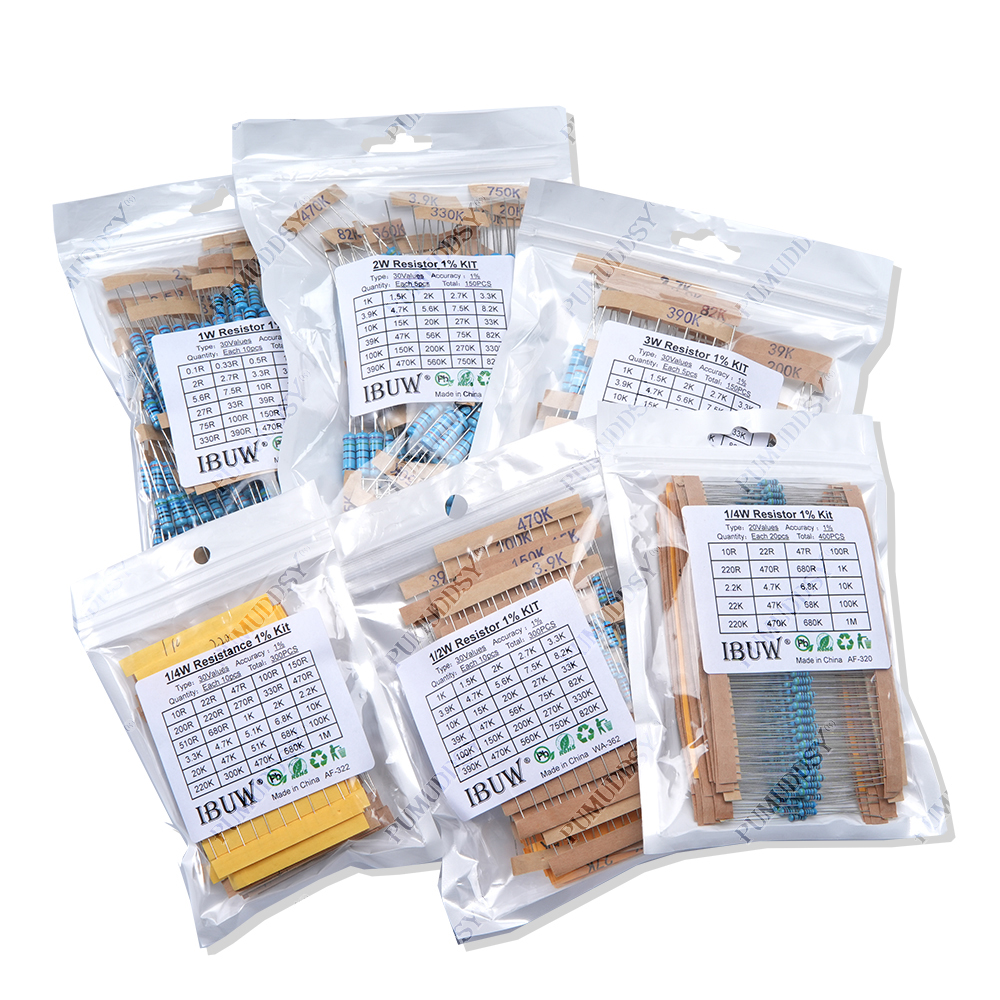 300 ピース/セット 30 種類 1/4 ワット 1/2 ワット 1 ワット 2 ワット 3 ワット抵抗 1% 金属皮膜抵抗パック詰め合わせキット 0.1R-750R 1K-820K 抵抗 150 ピース/セット