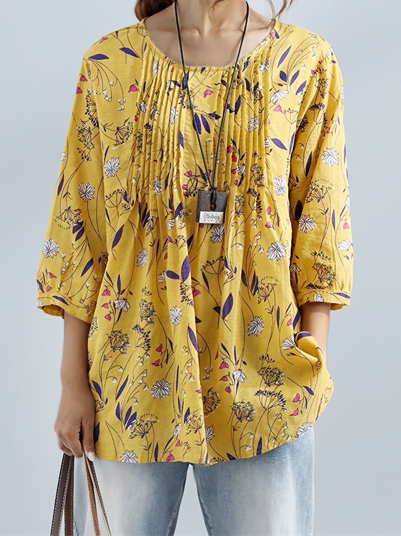 プラスサイズ 1XL-8XL 女性のファッション花柄プリント 3/4 袖シャツルーズレトロカラーシャツレディースブラウストップス