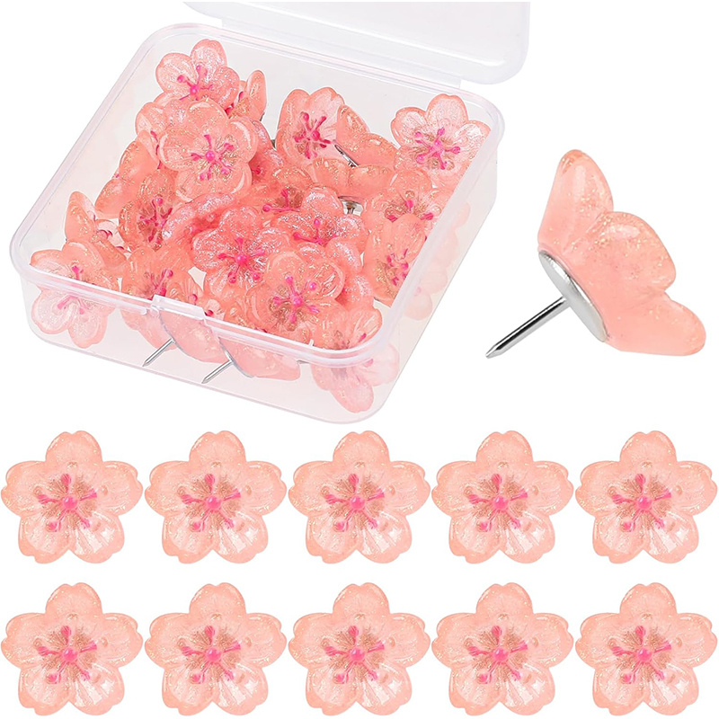 30個入り/箱ピンクの桜のプッシュピン グリッターフラワープッシュピン 装飾用画鋲 オフィス文具アクセサリー
