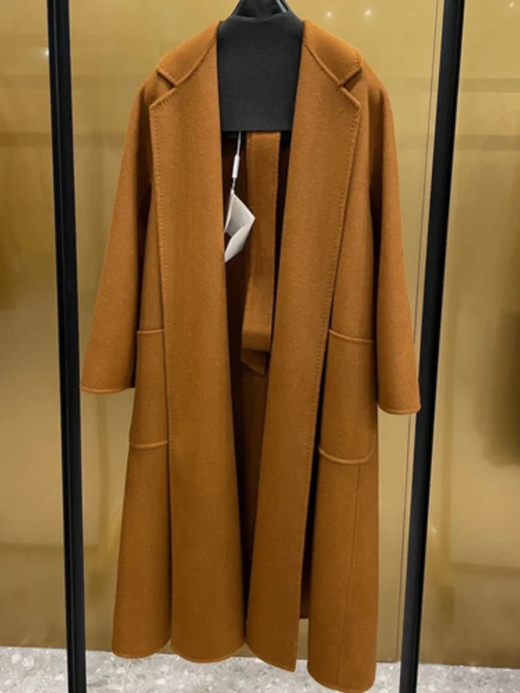 2024 High-end Double-sided Water Ripple 100%Cashmere Coat for Women Lapel Neck Long Bathrobe Style Autumn Winter Outerwear women