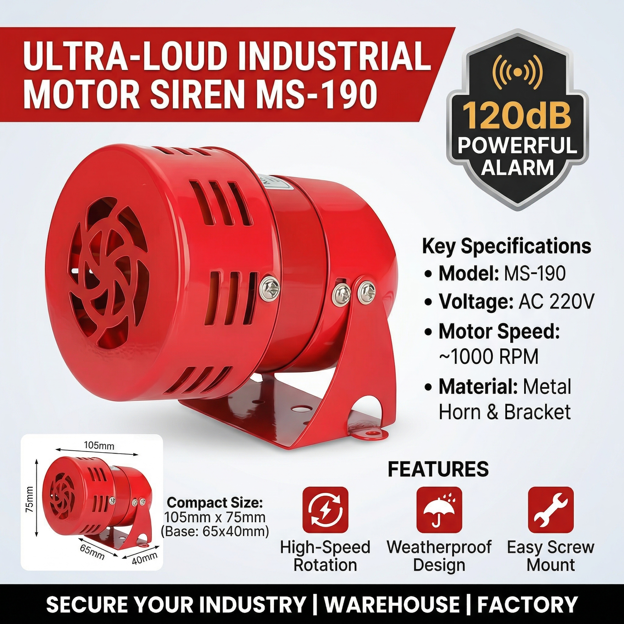 強力な 120dB ミニモーターサイレン MS-190、メタルホーンアラーム 220V、工業用回転警告灯/サイレン、ネジマウント付き