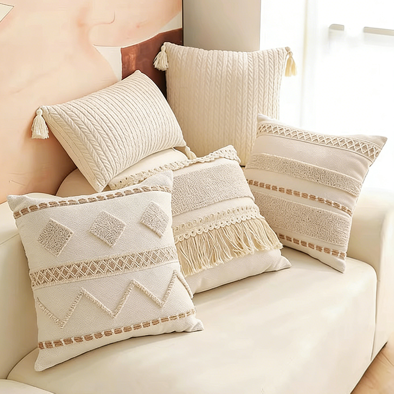 Bohemian Cotton Linen Farmhouse Pillowcase Weaving Lace Tassel Cushion Cover Bedhead Sofa Pillow Cover Home Decoration 45×45cm
