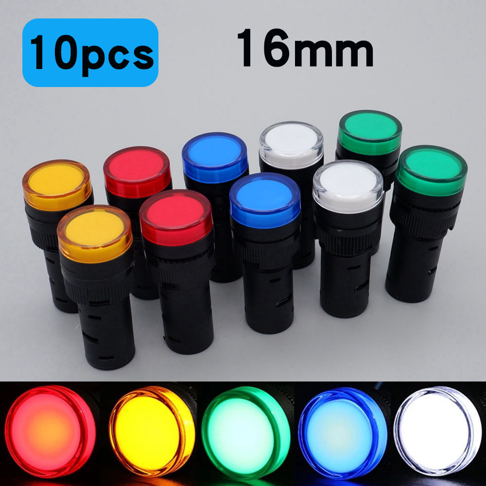 10 個 16 ミリメートルパネルマウントプラスチック警告信号ライト LED インジケータライト AC DC ブルーグリーンレッドホワイトイエロー 12V 24V 220V