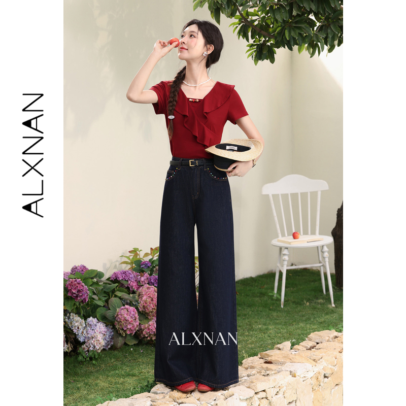 ALXNAN 女性のワイドレッグデニムジーンズダークブルーハイウエストストレートだぶだぶのジーンズ 2026 ファッションエレガントなコットンパンツレディース L61920