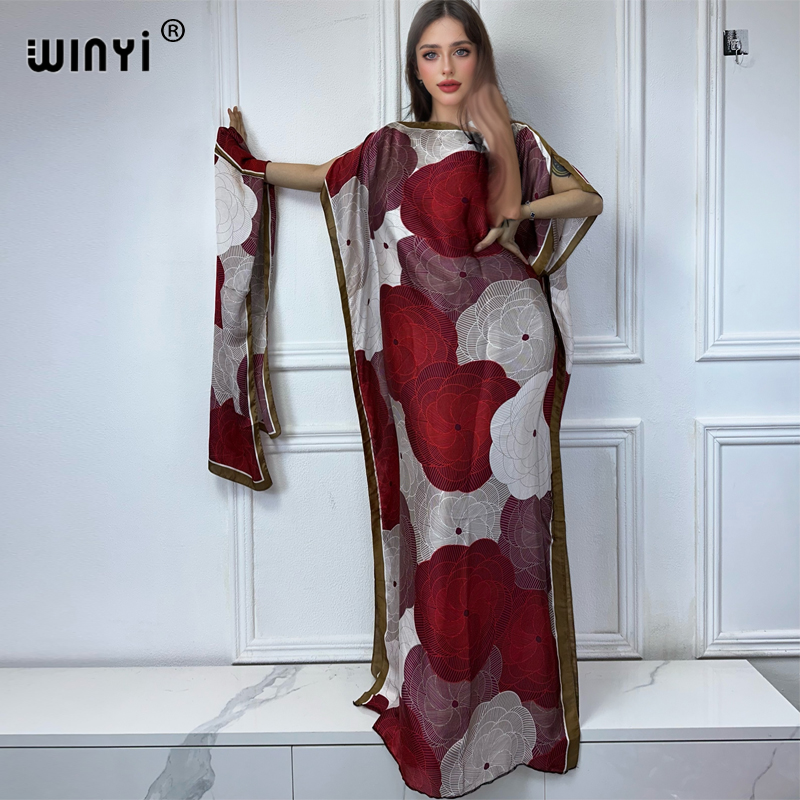 WINYI キャットウォークモデルアバヤ女性イスラム教徒セットドレスアフリカドバイアバヤクルーネックプリントカフタンエレガントなマキシ丈ドレス