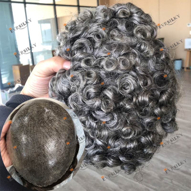 グレーマンヘアプロテーゼ超耐久性 18 ミリメートルカーリー人毛男性かつら 1B80 1B40 ヘアピースシステム毛細管ナチュラルヘアライン