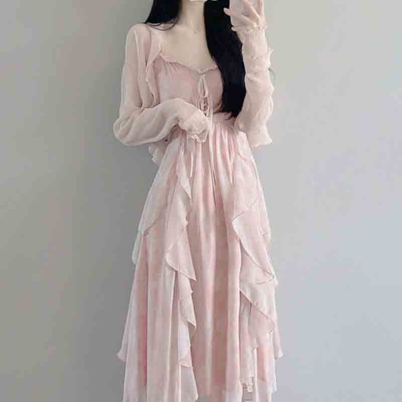 春秋の新スウィートガールズストラップドレスセット女性服薄いコート美的ファッションウエスト V ネックフリルエッジドレススーツ