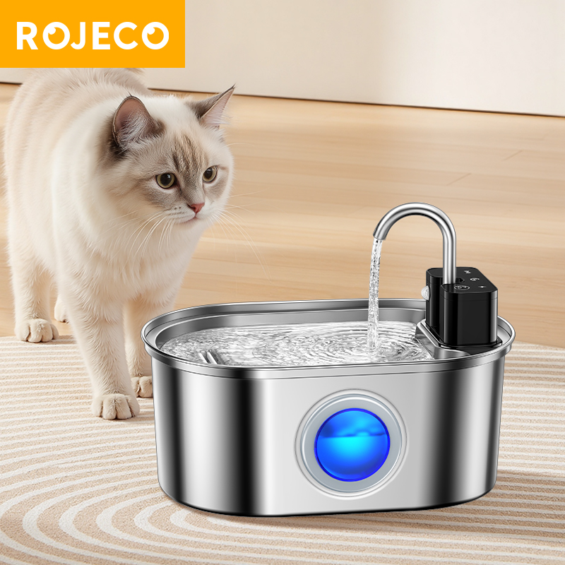 ROJECO 3.2L ステンレス鋼猫噴水ワイヤレスセンサースマート自動犬水ディスペンサー水飲み場 4000mAh