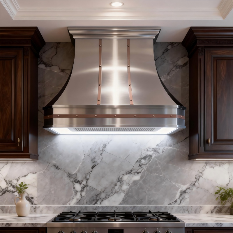 Custom Heavy 16 Gauge 304 Stainless Steel Wall Mounted Range Hood Copper Straps Rivets Architectural Bell Curve Design Black