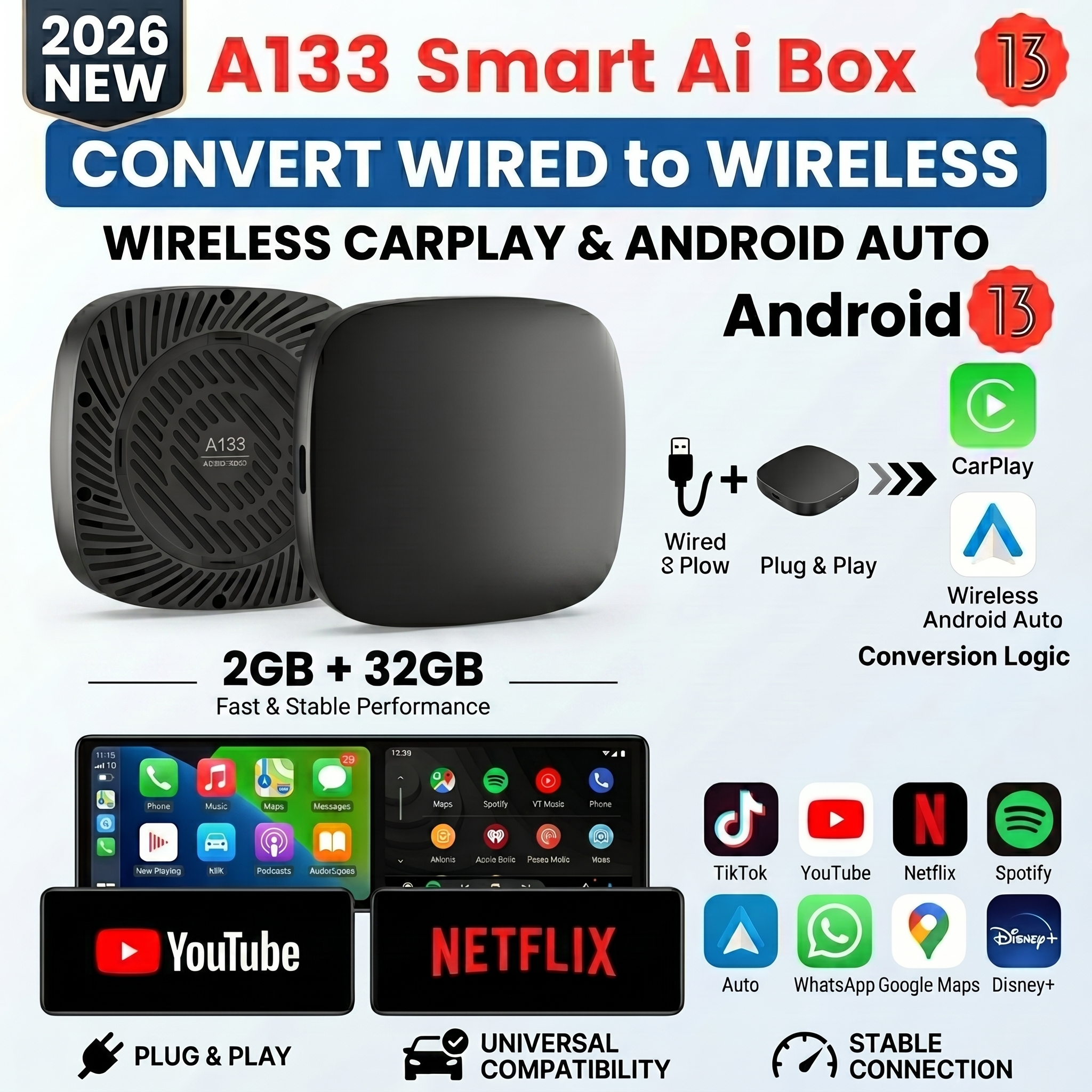2026 Kowankit Android13 CarPlay Ai ボックス ワイヤレス Android オート 3 in 1 USB アダプター プラグ