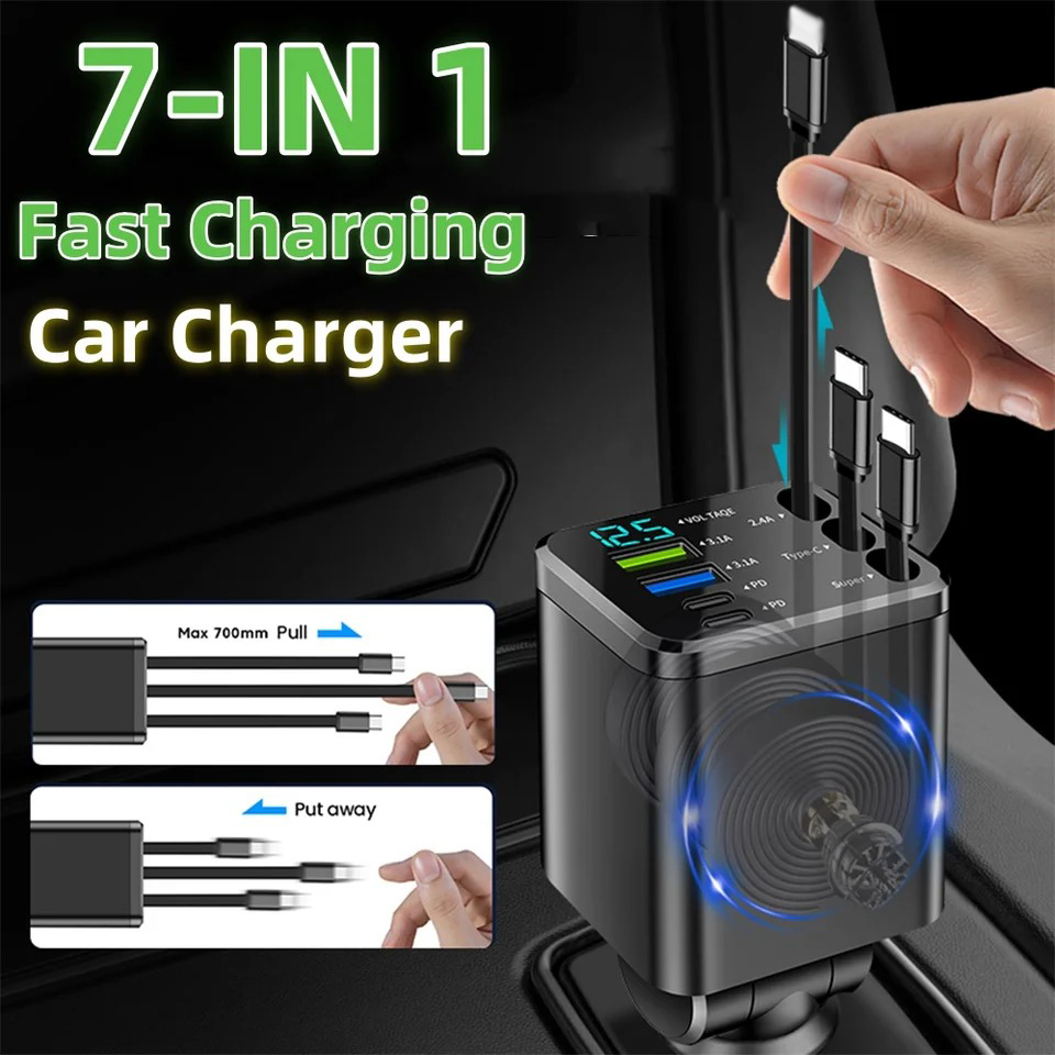 7 で 1 150 ワット車の充電器格納式 3 タイプ C A ポート USB 車の充電器急速充電 Iphone 12 15 16 サムスン USB C に Ios ケーブル