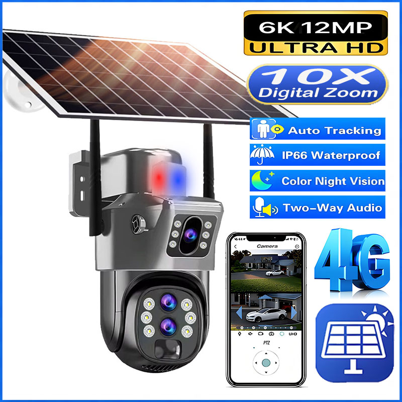 10X ズーム 4G SIM カード屋外ソーラーカメラ 3 レンズ 6K 12MP ワイヤレス PTZ 監視 CCTV PIR モーション検出セキュリティカメラ
