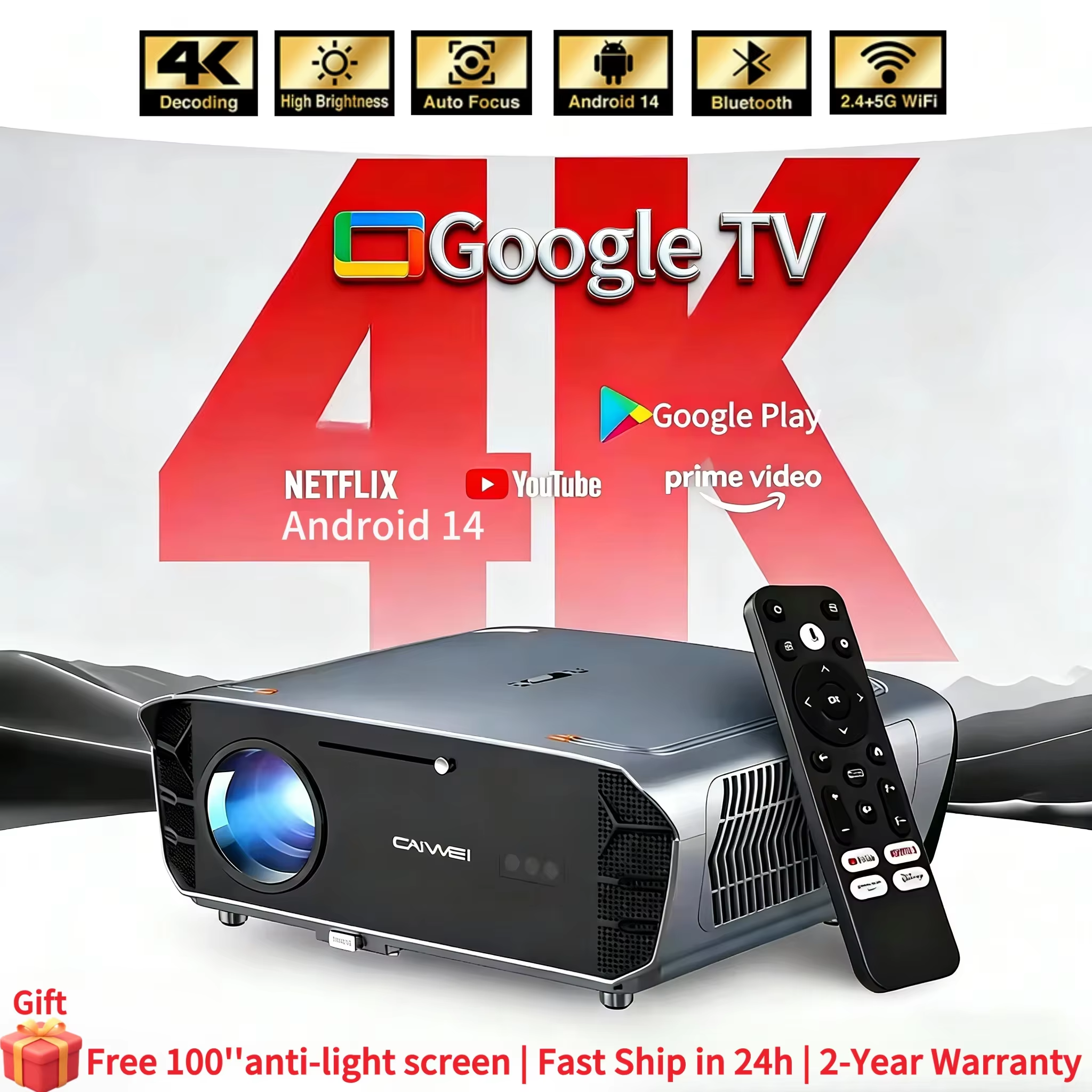 4k uhd video projector 4000 ANSI official netflx google tv daytime beamer native 1080P wifi auto focus tof movie home theater