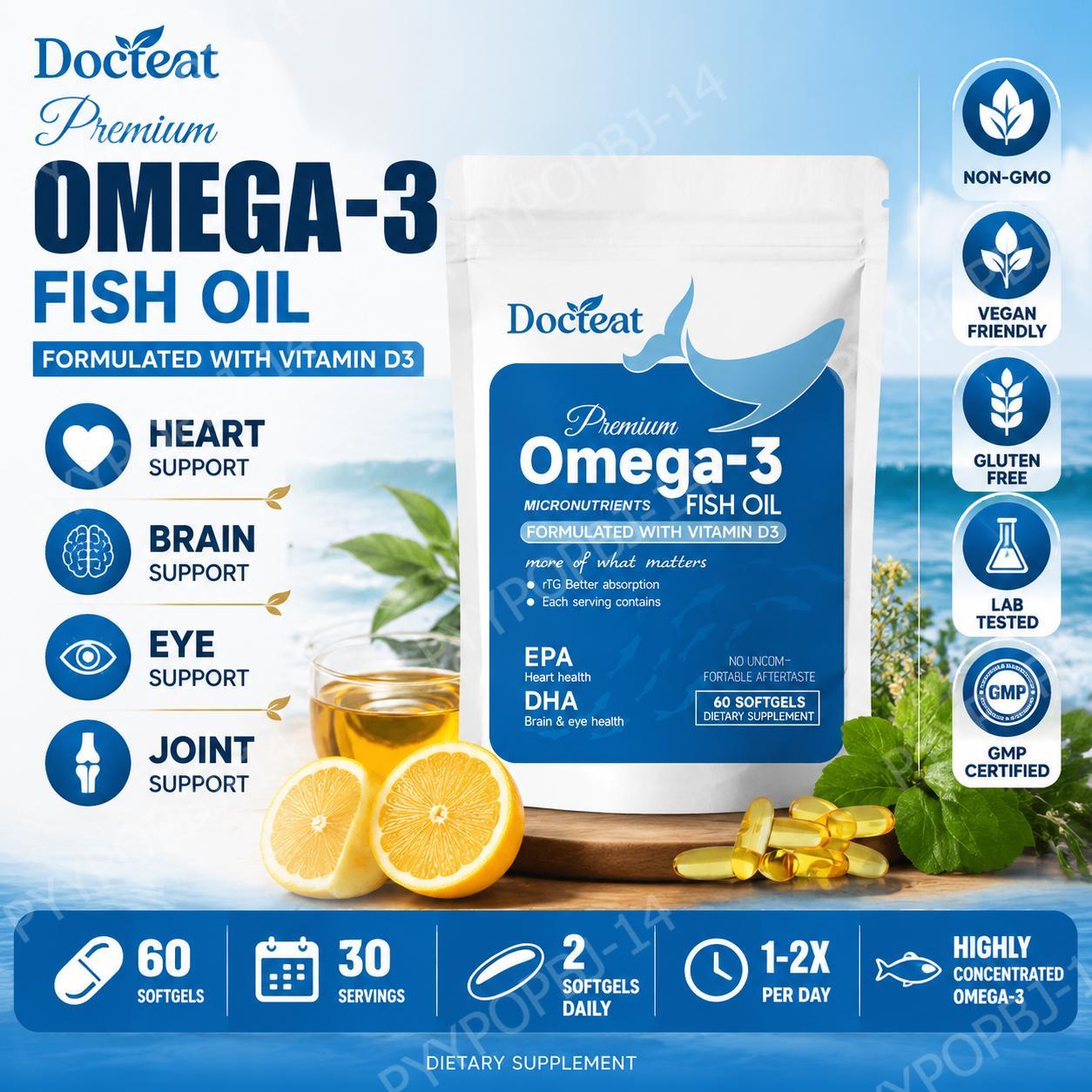Docteat オメガ 3 魚油ソフトジェル、ビタミン D3、RTG EPA DHA を配合し、心臓サポート、脳をサポート