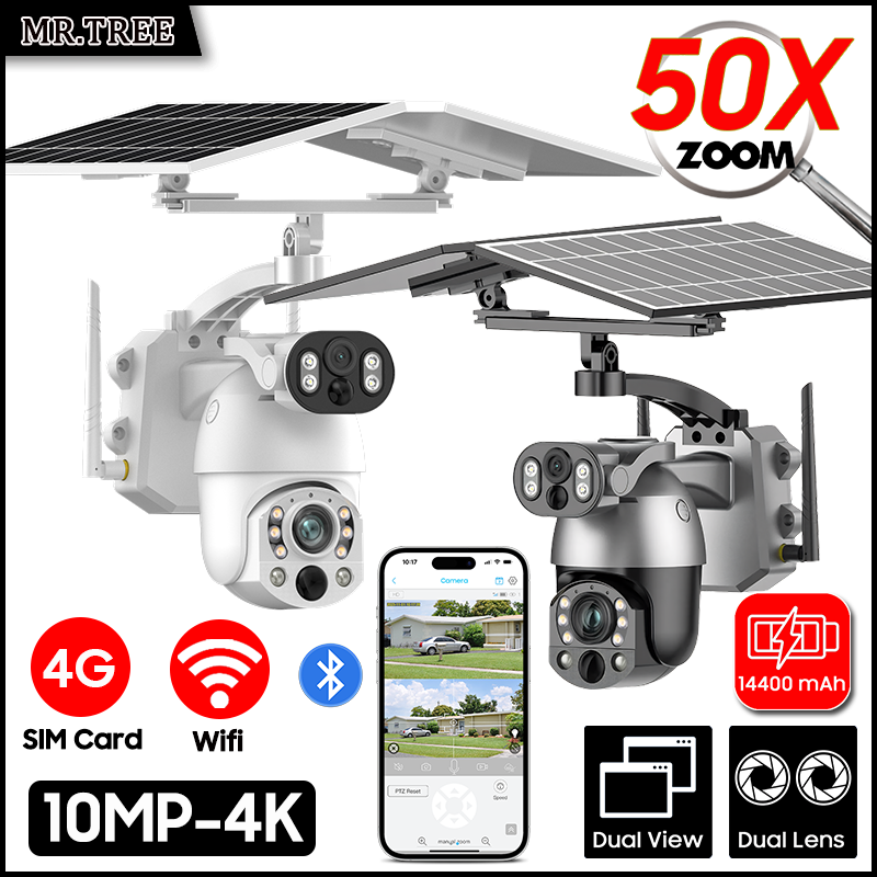 4K 50X 光学ズームデュアルレンズソーラーカメラ 10MP 4G Sim カード PTZ 監視 WIFI 屋外セキュリティヒューマノイド追跡 CCTV IP カム