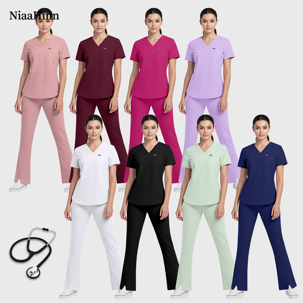 Niaahinn 看護スクラブ服医療ナーススクラブ制服セット多色病院制服女性半袖トップフレアパンツ