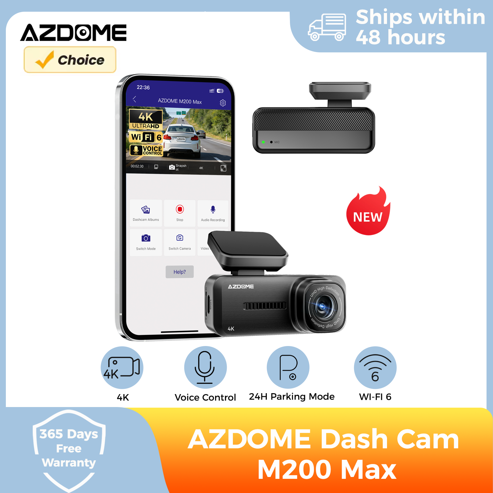 AZDOME ダッシュカム 4K M200 Max Wi-Fi 6 スマート音声制御 24H パーキングガード ナイトビジョン ダッシュカメラ 車用 Gセンサー 車 DVR